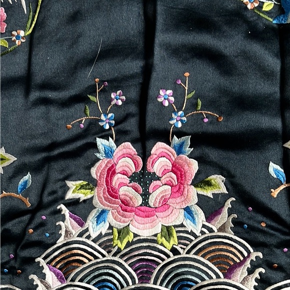 Vintage 1960s Chinese 100% Silk Black Embroidered Jacket Mandarin Collar Medium - Picture 7 of 16